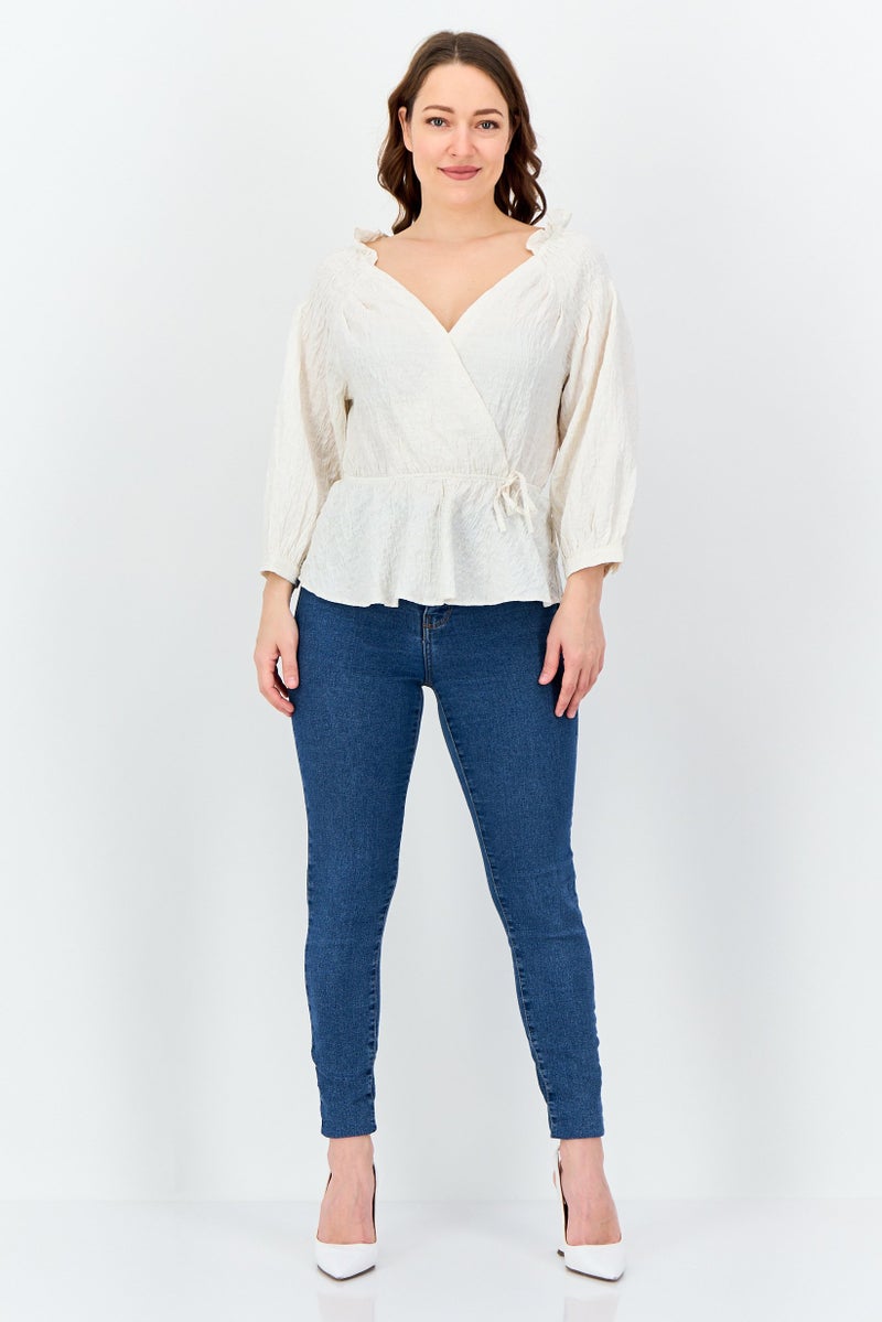 SALSA Women Surplice Neck Long Sleeve Textured Blouse, Ivory - Image 4